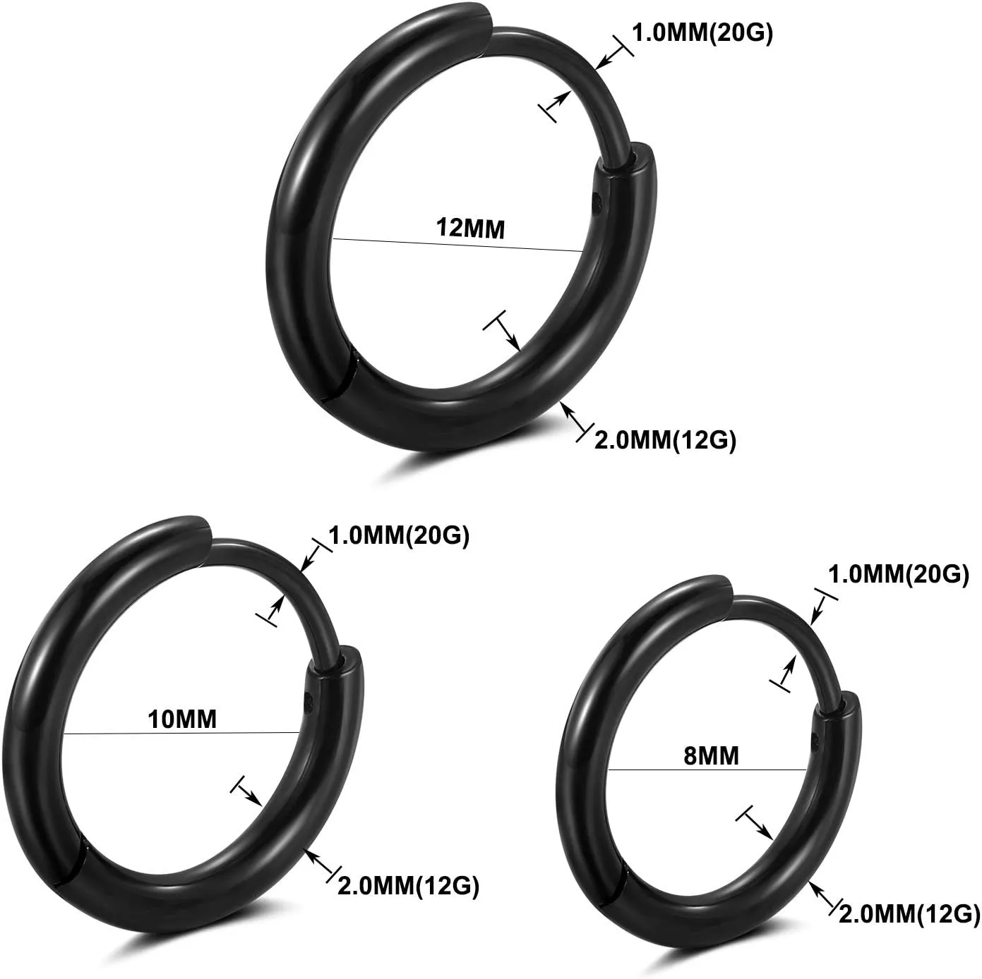 316L Surgical stainless steel hoop earrings 8mm/10mm/12mm Hypoallergenic Huggie Earrings Small Hoop Sliver Black Sleeper Earrings For Women Men