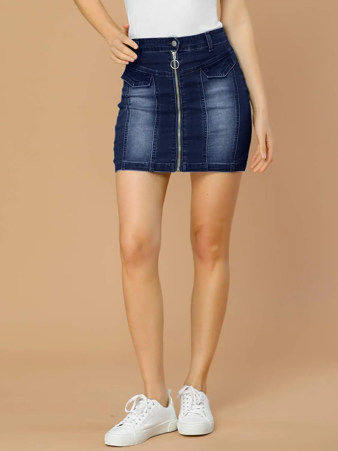 Allegra K Women's Bodycon Denim Skirts Stretch Washed Zip Front Jean Mini Skirt
