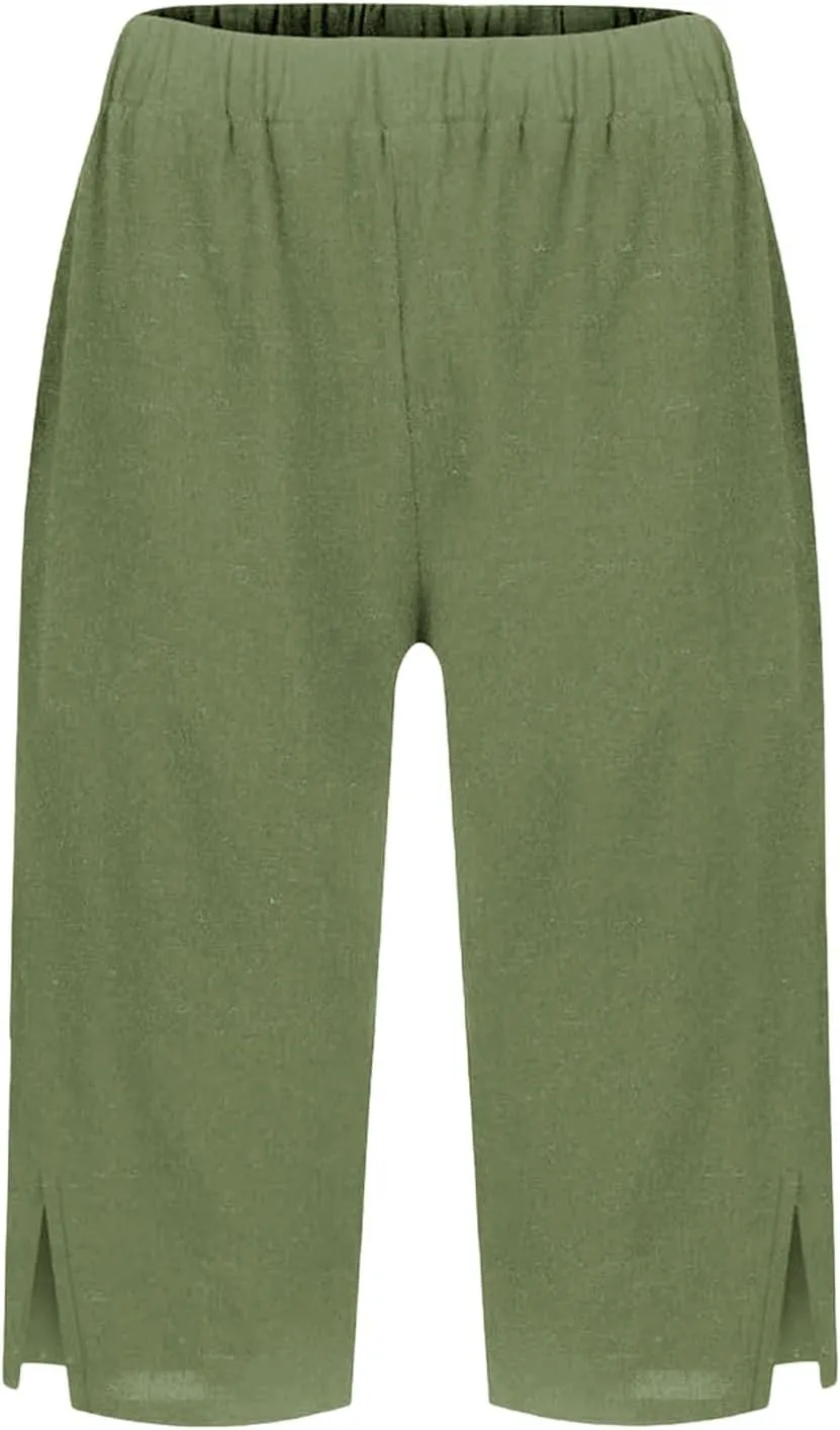 Capri Pants for Women Linen Bermuda Shorts Knee Length 2025 Summer Cropped Casual Palazzo Lightweight Beach Pant with Pockets