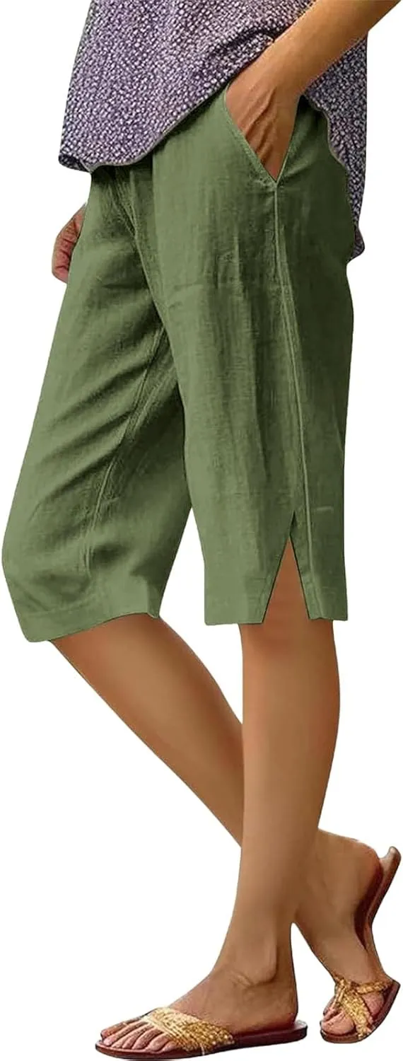 Capri Pants for Women Linen Bermuda Shorts Knee Length 2025 Summer Cropped Casual Palazzo Lightweight Beach Pant with Pockets