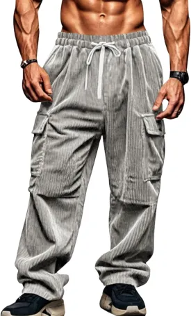 Corduroy Pants Men Vintage Loose Straight Leg Cargo Sweatpants Loose Elastic Waist Track Gym Trendy Trousers Pockets