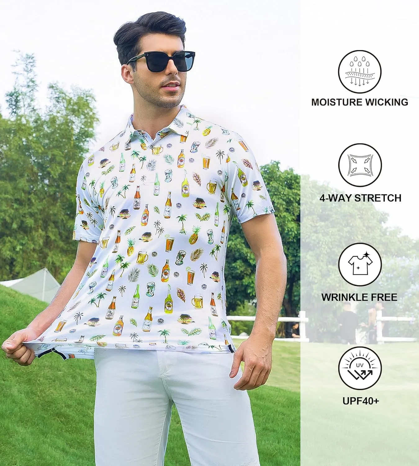 Damipow Mens Golf Shirts Dry Fit Polo Shirts Moisture Wicking Short Sleeve Hawaiian Polo Shirt
