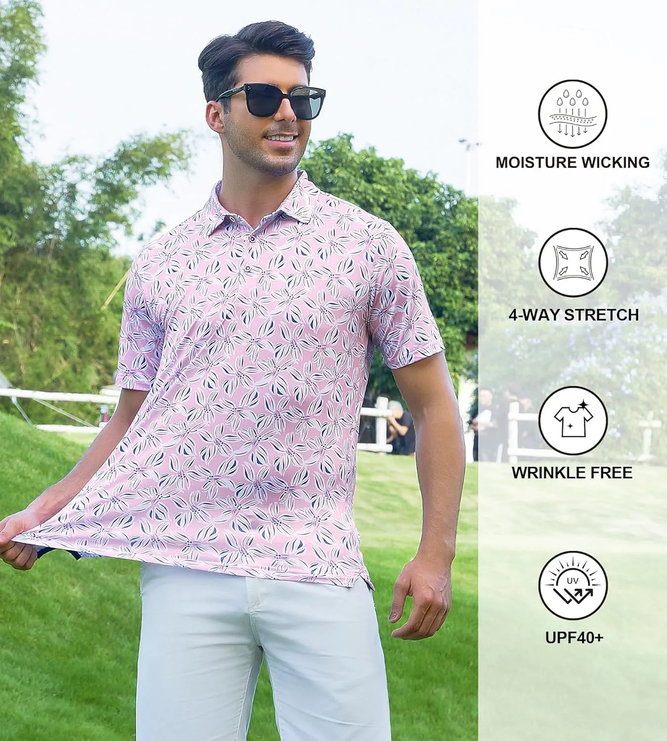 Damipow Mens Golf Shirts Dry Fit Polo Shirts Moisture Wicking Short Sleeve Hawaiian Polo Shirt