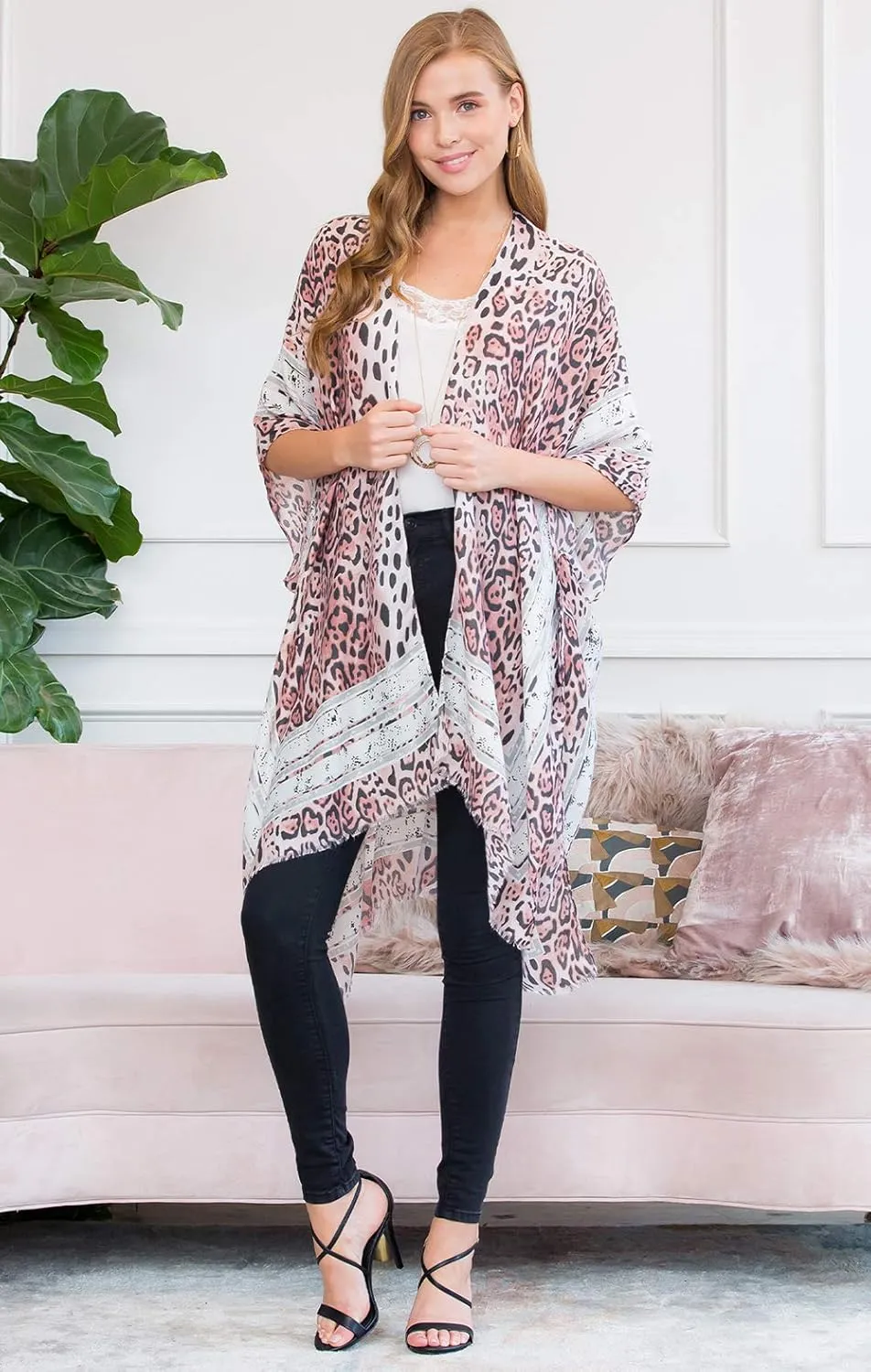 Exotic Animal Print Sheer Light Bikini Swim Cover Up Shawl - Kaftan Open Kimono Cardigan, Long Vest Leopard Tiger Cheetah