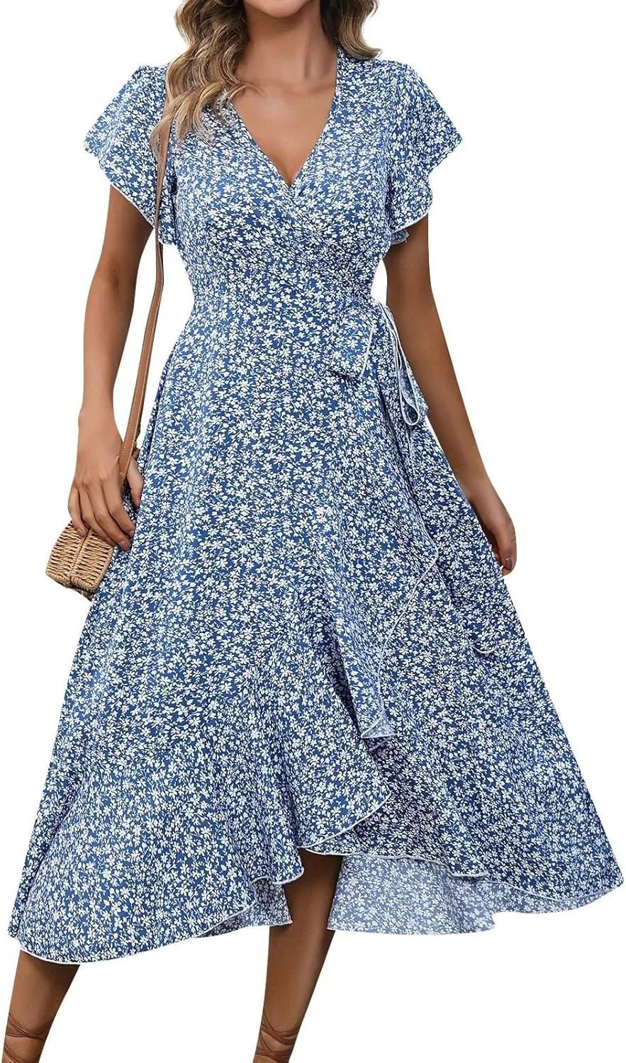 Floral Midi Dress for Women Summer V Neck Flutter Sleeve Empire Waist Belted Ruffle Midi Dress for Wedding Guest