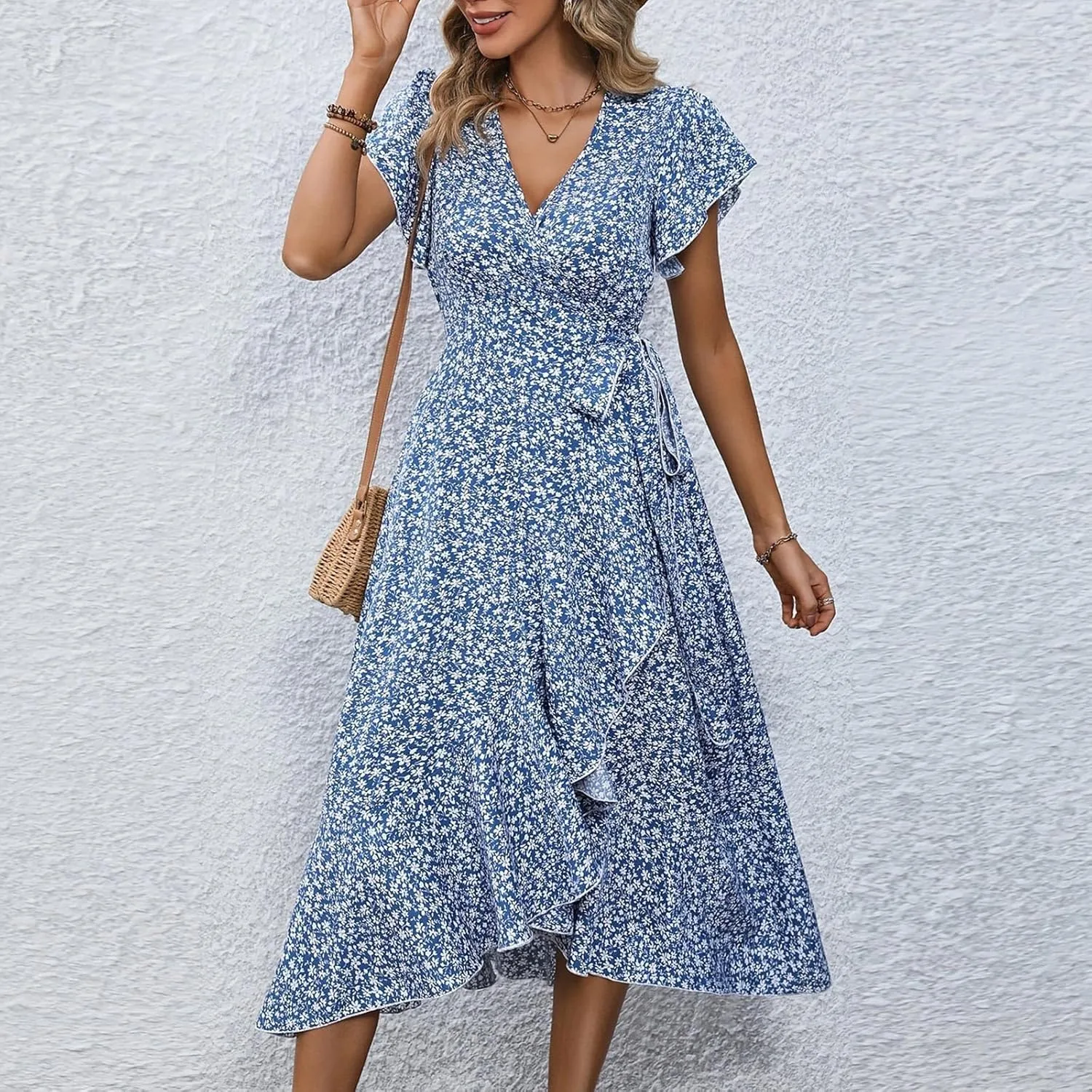 Floral Midi Dress for Women Summer V Neck Flutter Sleeve Empire Waist Belted Ruffle Midi Dress for Wedding Guest