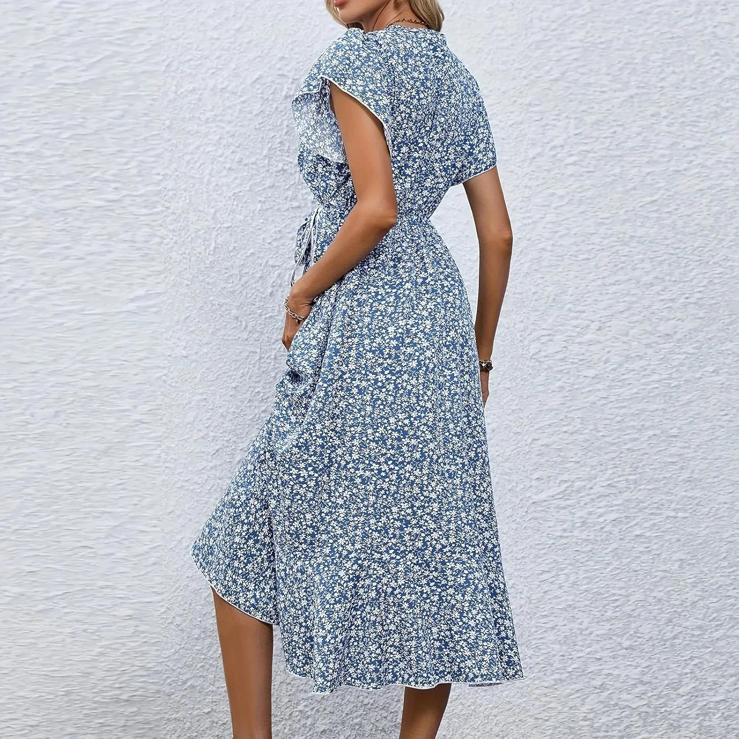 Floral Midi Dress for Women Summer V Neck Flutter Sleeve Empire Waist Belted Ruffle Midi Dress for Wedding Guest