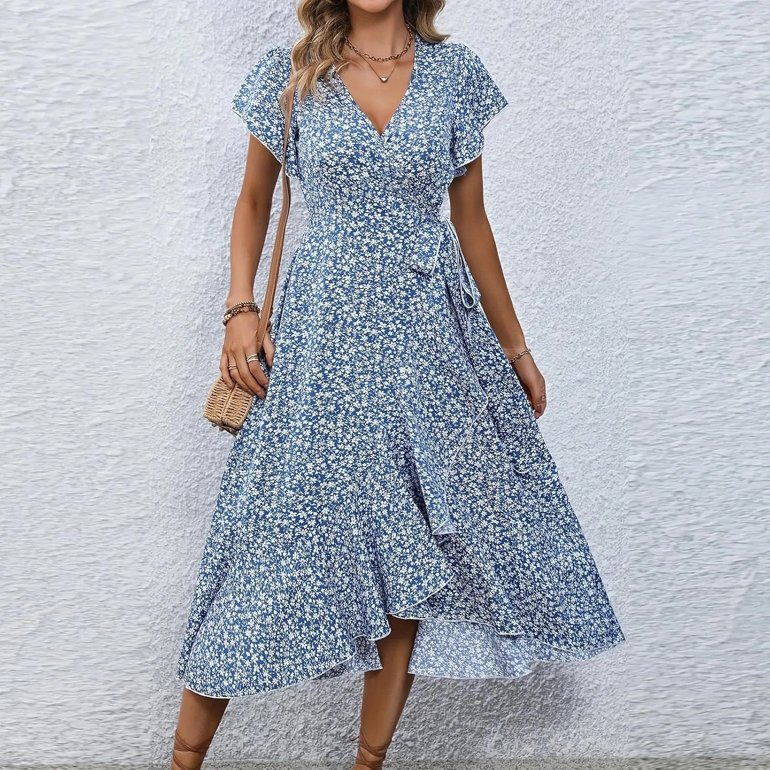 Floral Midi Dress for Women Summer V Neck Flutter Sleeve Empire Waist Belted Ruffle Midi Dress for Wedding Guest
