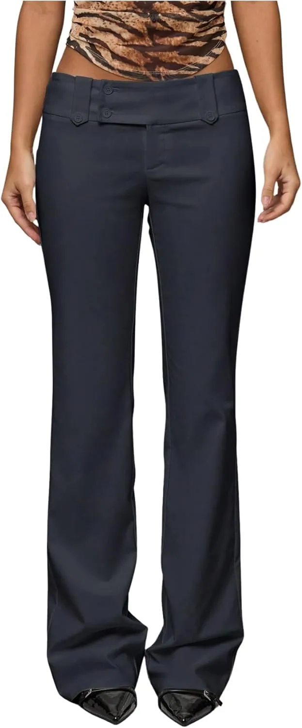 GORGLITTER Women's Low Rise Dress Pants Dressy Casual Low Waisted Wide Leg Straight Trousers Capri Pants Work Business
