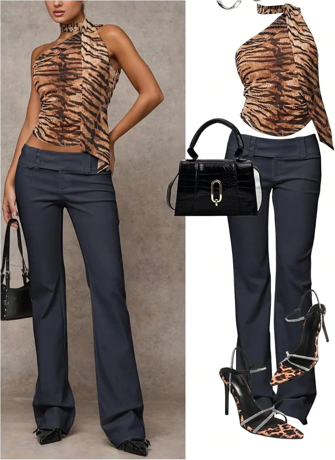 GORGLITTER Women's Low Rise Dress Pants Dressy Casual Low Waisted Wide Leg Straight Trousers Capri Pants Work Business