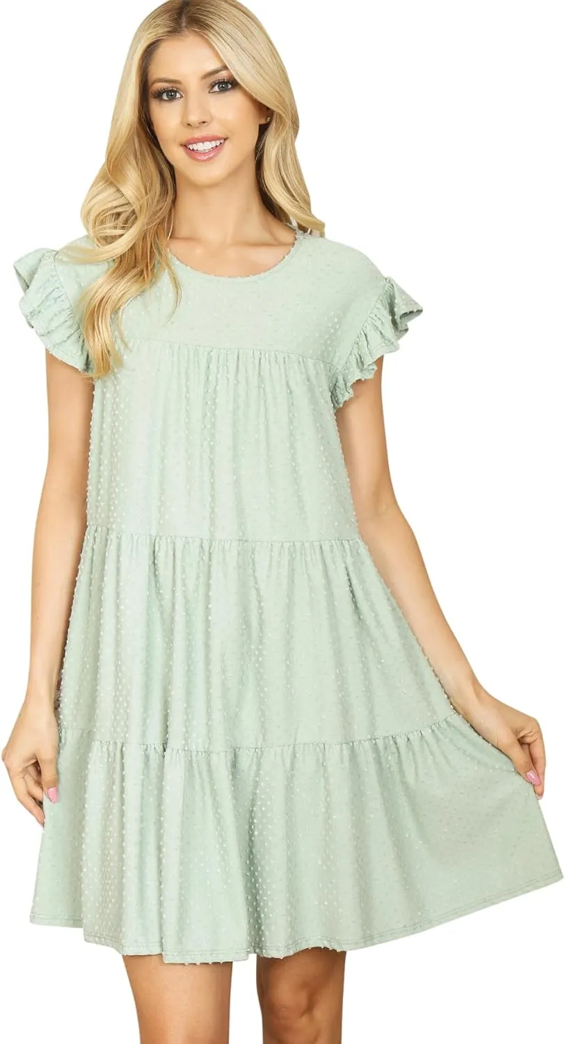 Jersey Shirred Tiered Ruffle Hem Midi Swing Dress - Pleated Flare Tunic Short, 3/4 Sleeve, Sleeveless Floral
