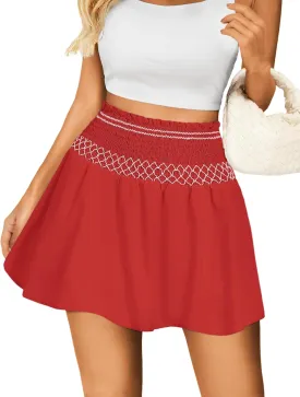 Kate Kasin Women's High Waist Mini Skirt with Shorts Ruffles A Line Swing Pleated Skater Smocked Elastic Waistband Skort