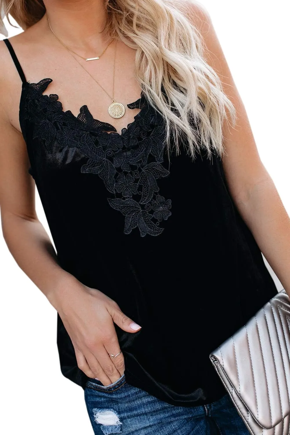 lime flare Women Sexy Velvet V Neck Lace Cami Tank Tops