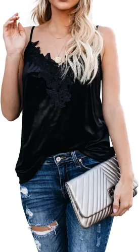 lime flare Women Sexy Velvet V Neck Lace Cami Tank Tops