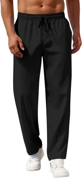 Linen Pants Men Loose Fit Summer Drawstring High Waisted Beach Pants Lightweight Straight Leg Trousers with Pockets