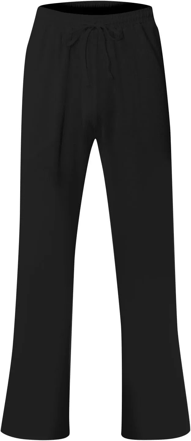 Linen Pants Men Loose Fit Summer Drawstring High Waisted Beach Pants Lightweight Straight Leg Trousers with Pockets