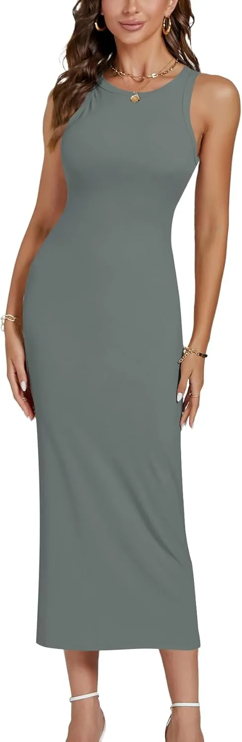 LYANER Women's Ribbed Knit Crew Neck Slim Fit Sleeveless Bodycon Basic Tank Midi Dress