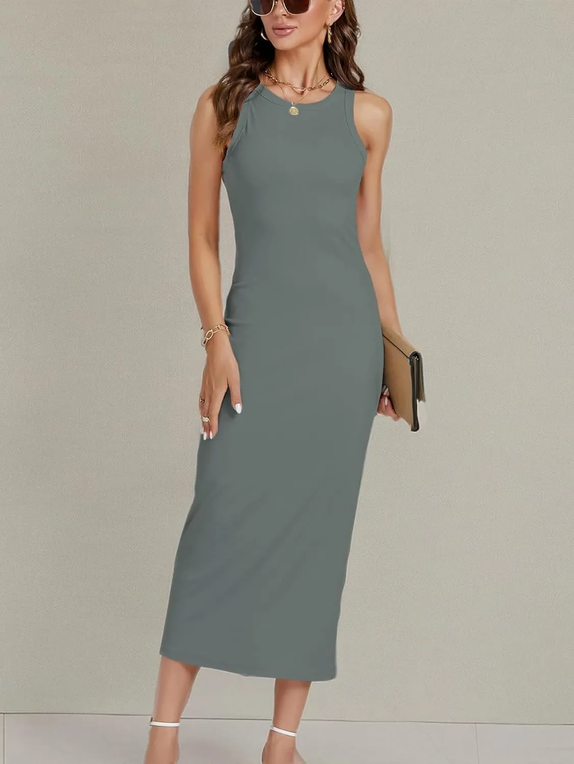 LYANER Women's Ribbed Knit Crew Neck Slim Fit Sleeveless Bodycon Basic Tank Midi Dress