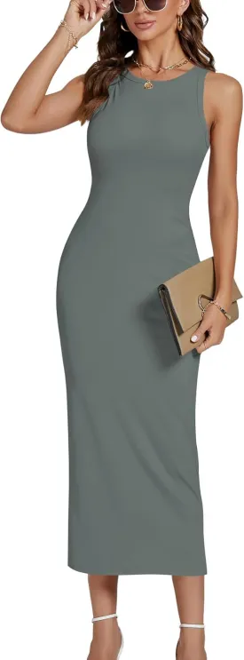 LYANER Women's Ribbed Knit Crew Neck Slim Fit Sleeveless Bodycon Basic Tank Midi Dress