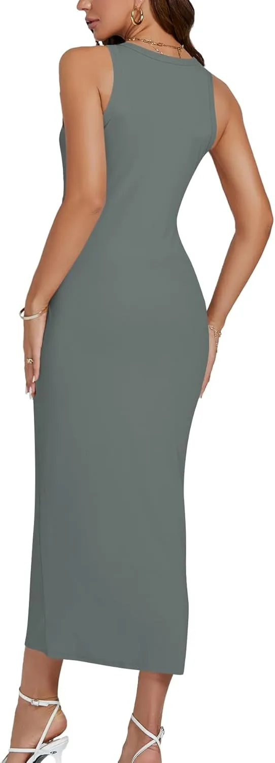 LYANER Women's Ribbed Knit Crew Neck Slim Fit Sleeveless Bodycon Basic Tank Midi Dress