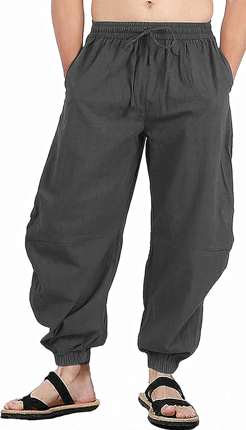 perdontoo Mens Casual Cotton Linen Pant Elastic Waist Drawstring Yoga Jogger Pants
