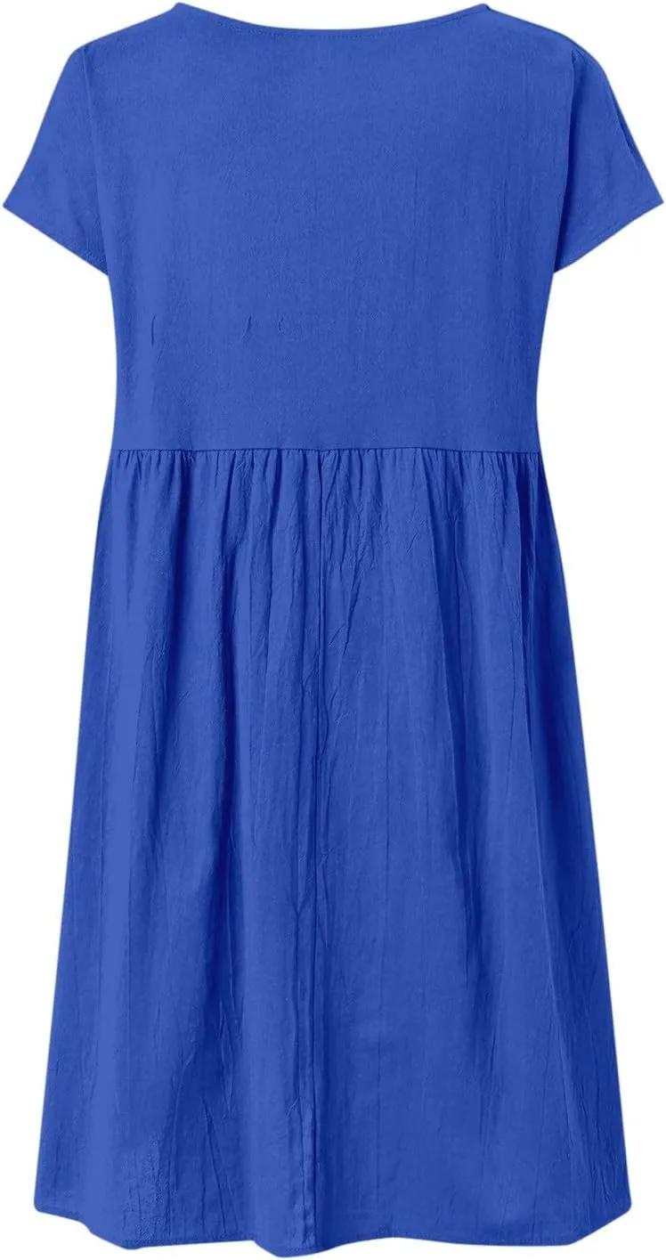 PTOLOCIF 2024 Fashion Summer OL Temperament Women's and Linen Round Neck A Line Skirt Plus Size Loose Dress Full Length
