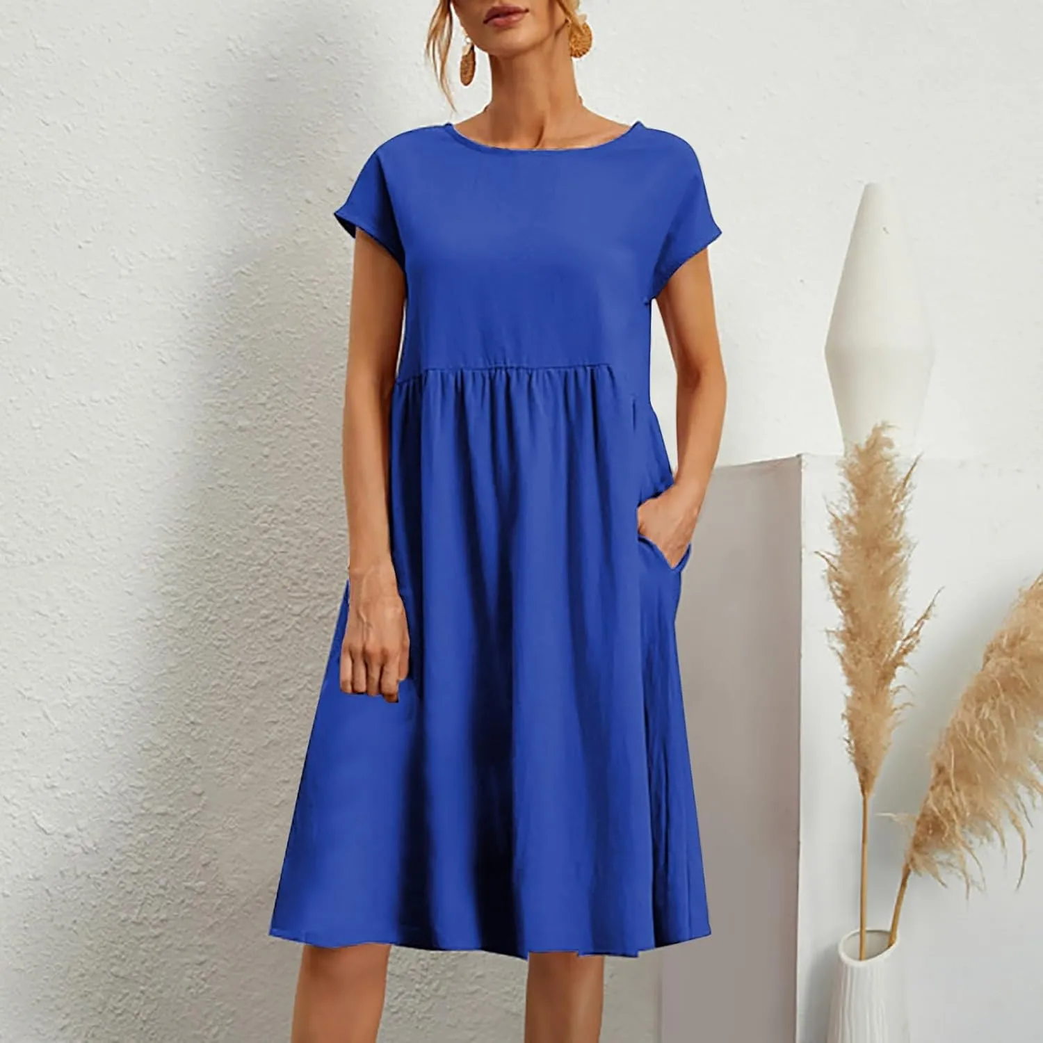 PTOLOCIF 2024 Fashion Summer OL Temperament Women's and Linen Round Neck A Line Skirt Plus Size Loose Dress Full Length