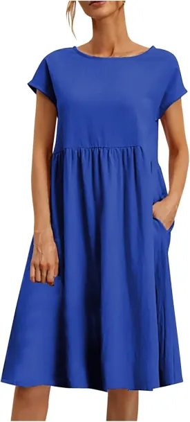 PTOLOCIF 2024 Fashion Summer OL Temperament Women's and Linen Round Neck A Line Skirt Plus Size Loose Dress Full Length