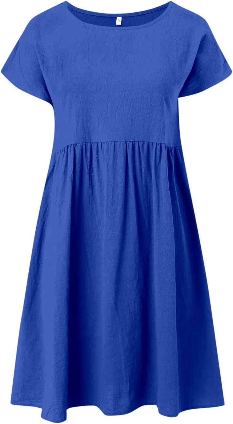 PTOLOCIF 2024 Fashion Summer OL Temperament Women's and Linen Round Neck A Line Skirt Plus Size Loose Dress Full Length
