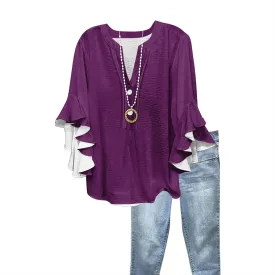 Ruffle 3/4 Length Sleeve Womens Tops,Summer Button V Neck Shirts Vintage Blouse Casual Loose Tunic Tops Graphic Tees