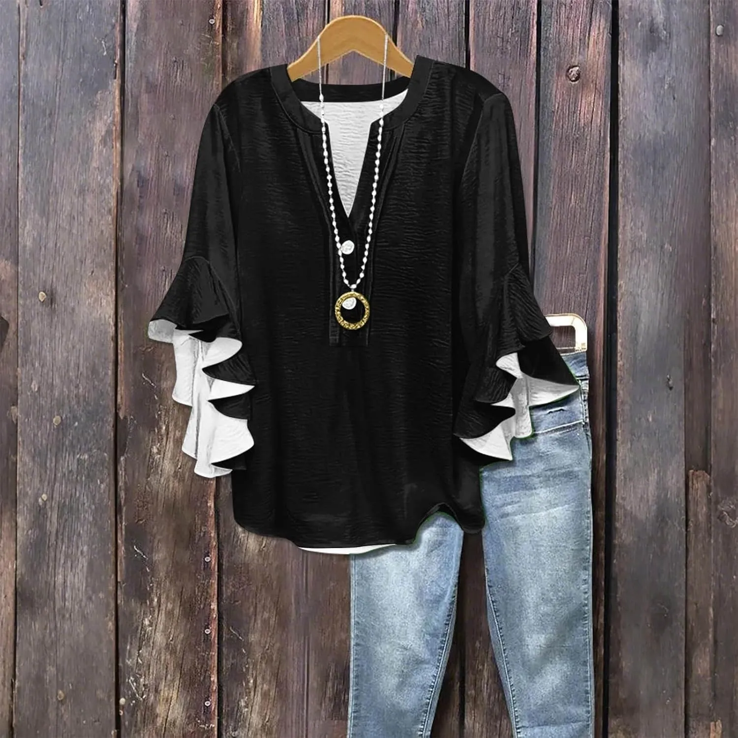 Ruffle 3/4 Length Sleeve Womens Tops,Summer Button V Neck Shirts Vintage Blouse Casual Loose Tunic Tops Graphic Tees