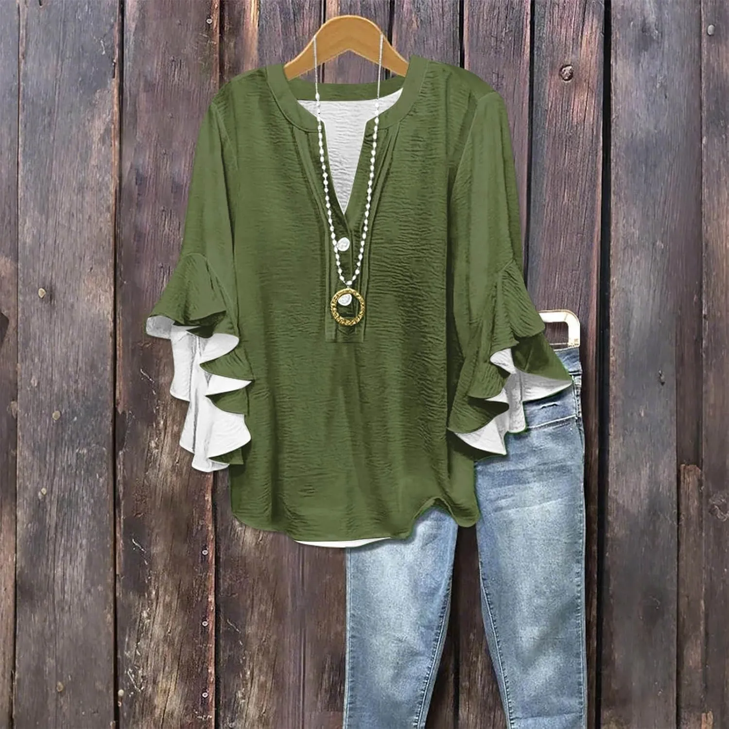 Ruffle 3/4 Length Sleeve Womens Tops,Summer Button V Neck Shirts Vintage Blouse Casual Loose Tunic Tops Graphic Tees