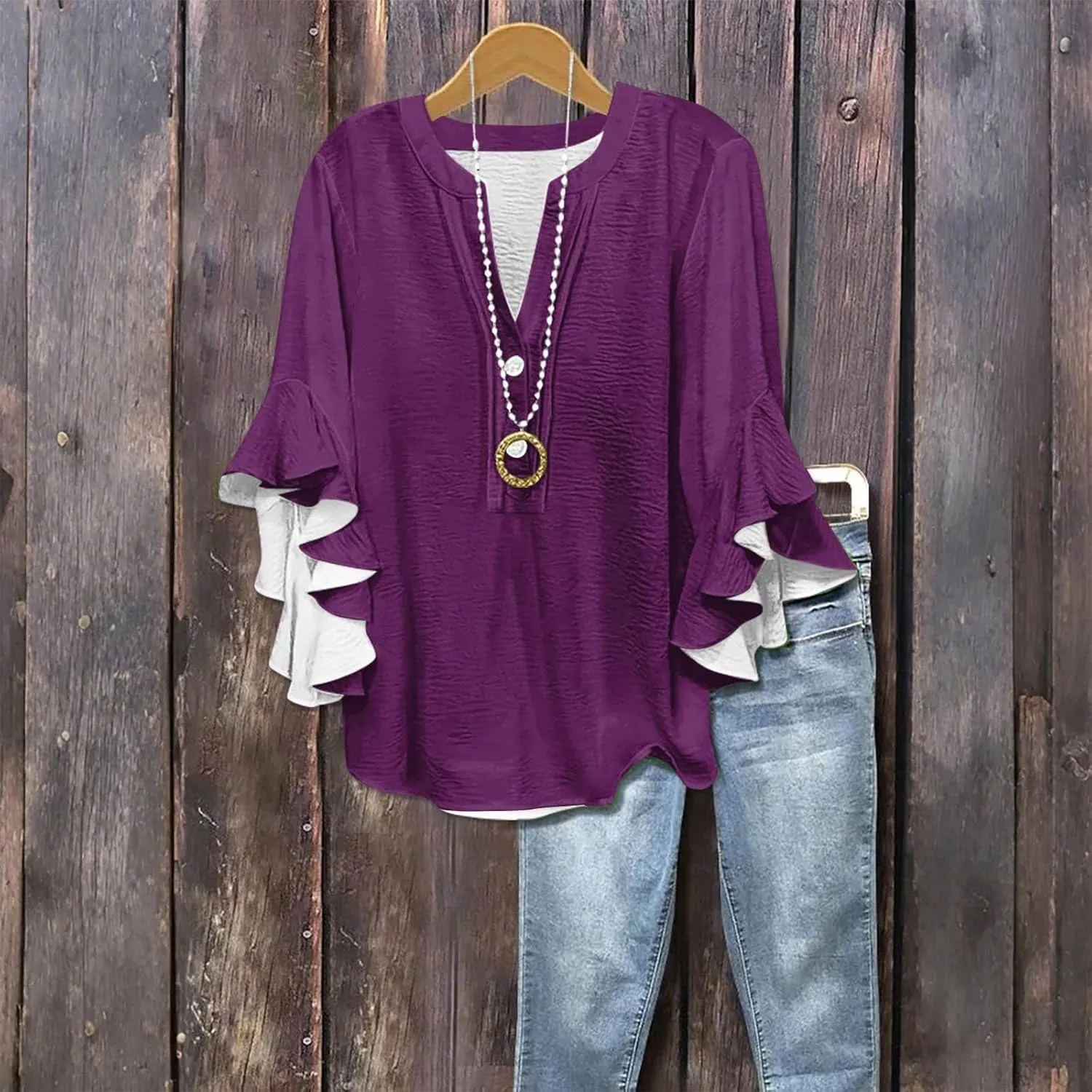 Ruffle 3/4 Length Sleeve Womens Tops,Summer Button V Neck Shirts Vintage Blouse Casual Loose Tunic Tops Graphic Tees