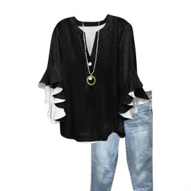 Ruffle 3/4 Length Sleeve Womens Tops,Summer Button V Neck Shirts Vintage Blouse Casual Loose Tunic Tops Graphic Tees