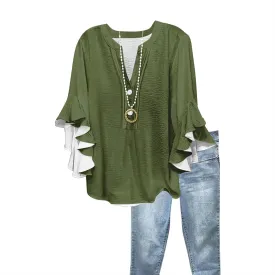Ruffle 3/4 Length Sleeve Womens Tops,Summer Button V Neck Shirts Vintage Blouse Casual Loose Tunic Tops Graphic Tees