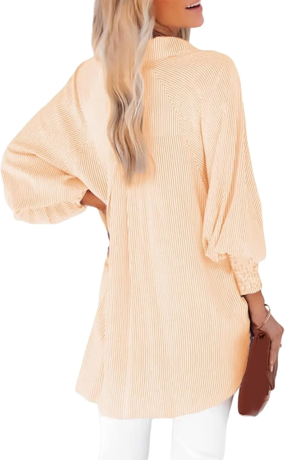 Striped Button Down Shirts for Women Dress Shirt Long Sleeve Smocked Cuffed Oversized Boyfriend Blouse Work Casual Top