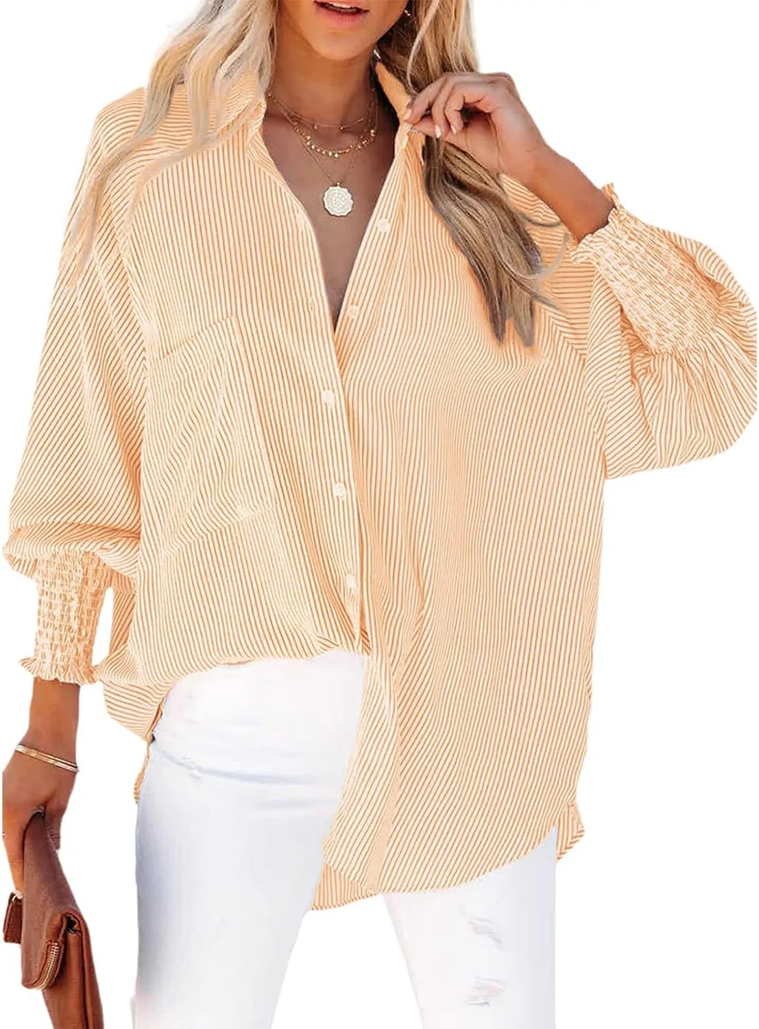 Striped Button Down Shirts for Women Dress Shirt Long Sleeve Smocked Cuffed Oversized Boyfriend Blouse Work Casual Top