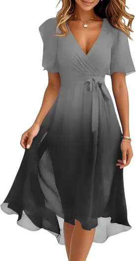 Summer Dress Vintage Casual V Neck Short Sleeve Midi Dress Waist Belted Beach Vacation Solid Color Long Dress