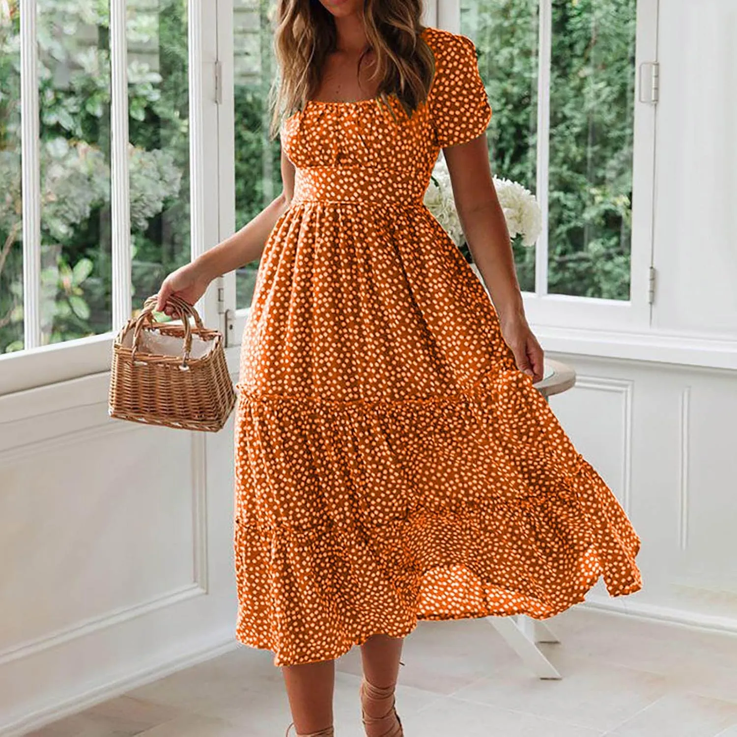 Summer Dresses for Women 2025 Casual Plus Size Dresses Boho Short Sleeve Beach Sundresses Flowy Print Midi Dress