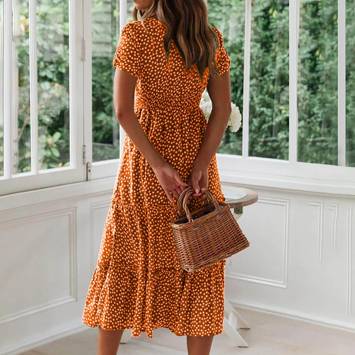 Summer Dresses for Women 2025 Casual Plus Size Dresses Boho Short Sleeve Beach Sundresses Flowy Print Midi Dress