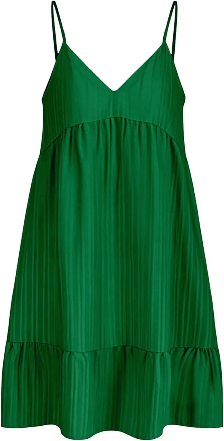 Summer Dresses for Women 2025 Flowy Boho V-Neck Beach Sundresses Spaghetti Strap Tiered Mini Swing Skater Dress