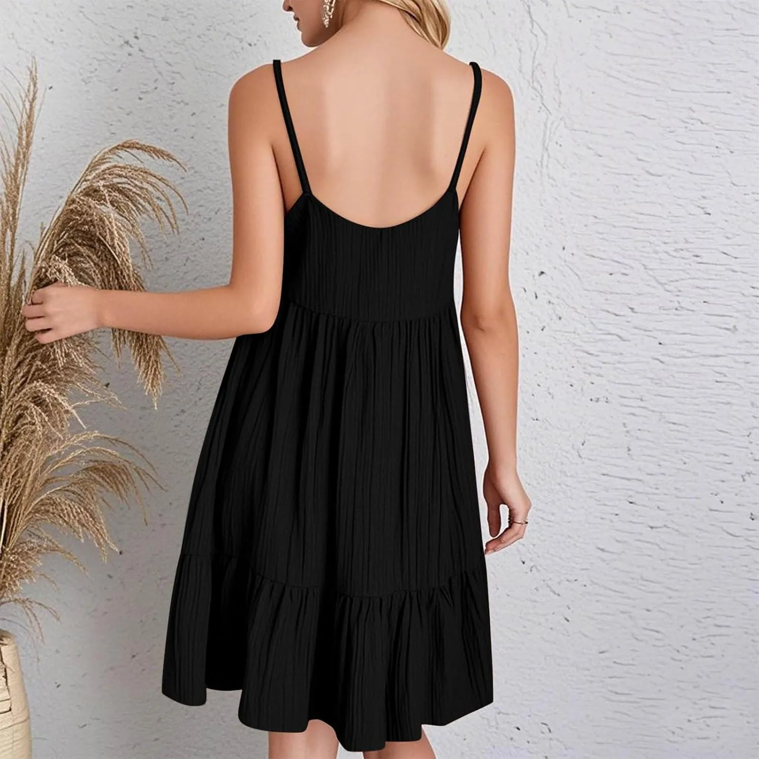 Summer Dresses for Women 2025 Flowy Boho V-Neck Beach Sundresses Spaghetti Strap Tiered Mini Swing Skater Dress
