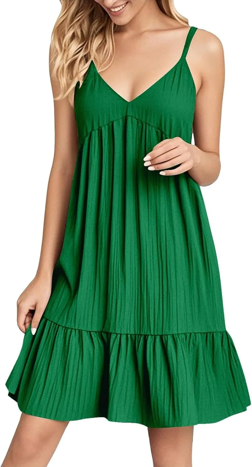 Summer Dresses for Women 2025 Flowy Boho V-Neck Beach Sundresses Spaghetti Strap Tiered Mini Swing Skater Dress