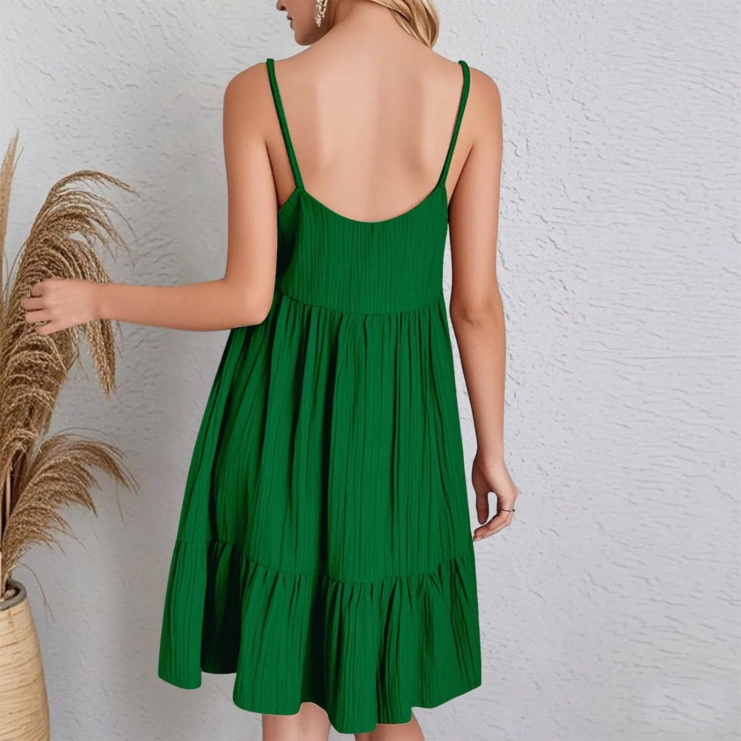 Summer Dresses for Women 2025 Flowy Boho V-Neck Beach Sundresses Spaghetti Strap Tiered Mini Swing Skater Dress