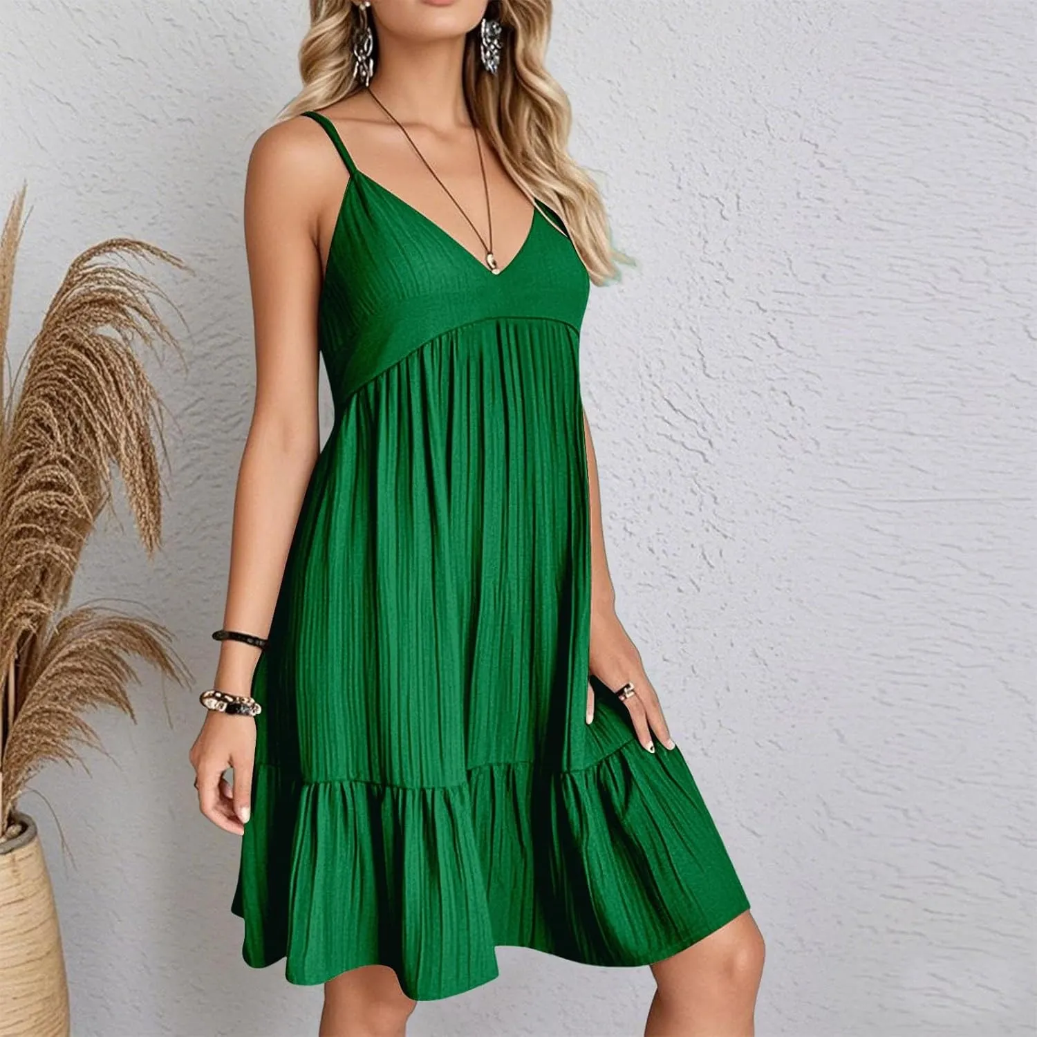 Summer Dresses for Women 2025 Flowy Boho V-Neck Beach Sundresses Spaghetti Strap Tiered Mini Swing Skater Dress