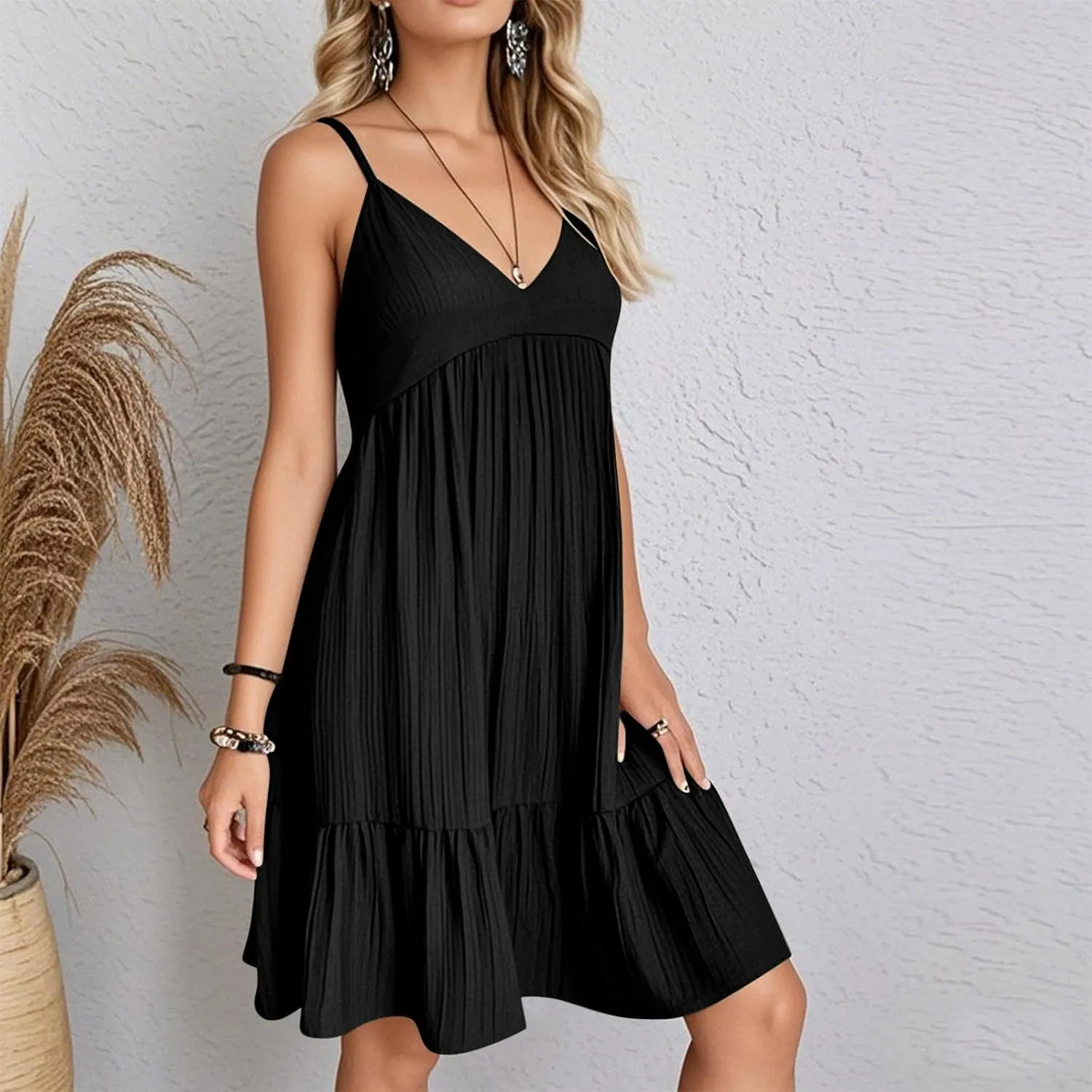 Summer Dresses for Women 2025 Flowy Boho V-Neck Beach Sundresses Spaghetti Strap Tiered Mini Swing Skater Dress