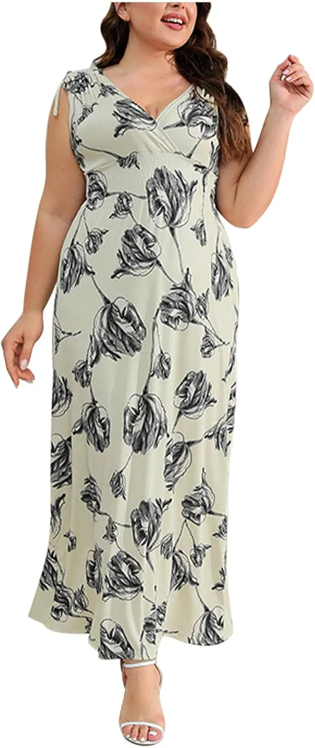 Summer Floral Maxi Dresses for Women Elegant V-Neck Short Sleeve Sundress Comfy Tiered Flowy Hem Midi Dress for Ladies