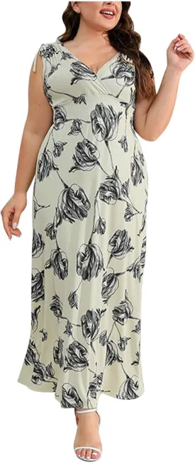 Summer Floral Maxi Dresses for Women Elegant V-Neck Short Sleeve Sundress Comfy Tiered Flowy Hem Midi Dress for Ladies