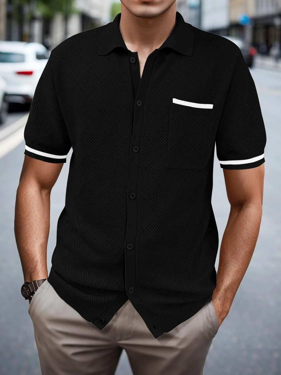 SuperPrity Men's Polo Shirt Vintage Knit Short Sleeve Shirts Button Down Beach Shirts Textured Golf Shirts with Pocket