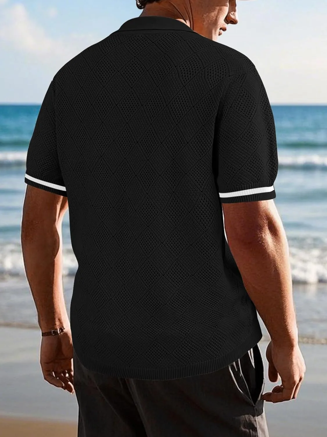 SuperPrity Men's Polo Shirt Vintage Knit Short Sleeve Shirts Button Down Beach Shirts Textured Golf Shirts with Pocket